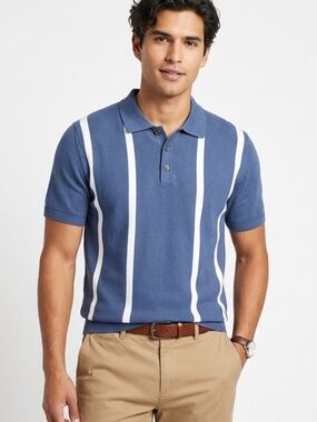 Men's Striped Knit Polo Shirt – Blue – Medium